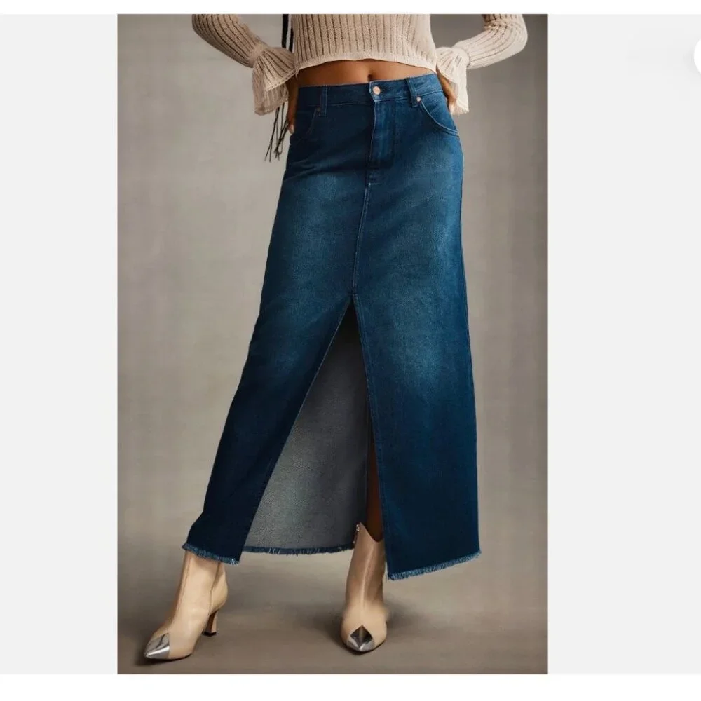 NWT Anthropologie Pilcro Madi Front Slit Denim Maxi Skirt Raw Hem Size 4